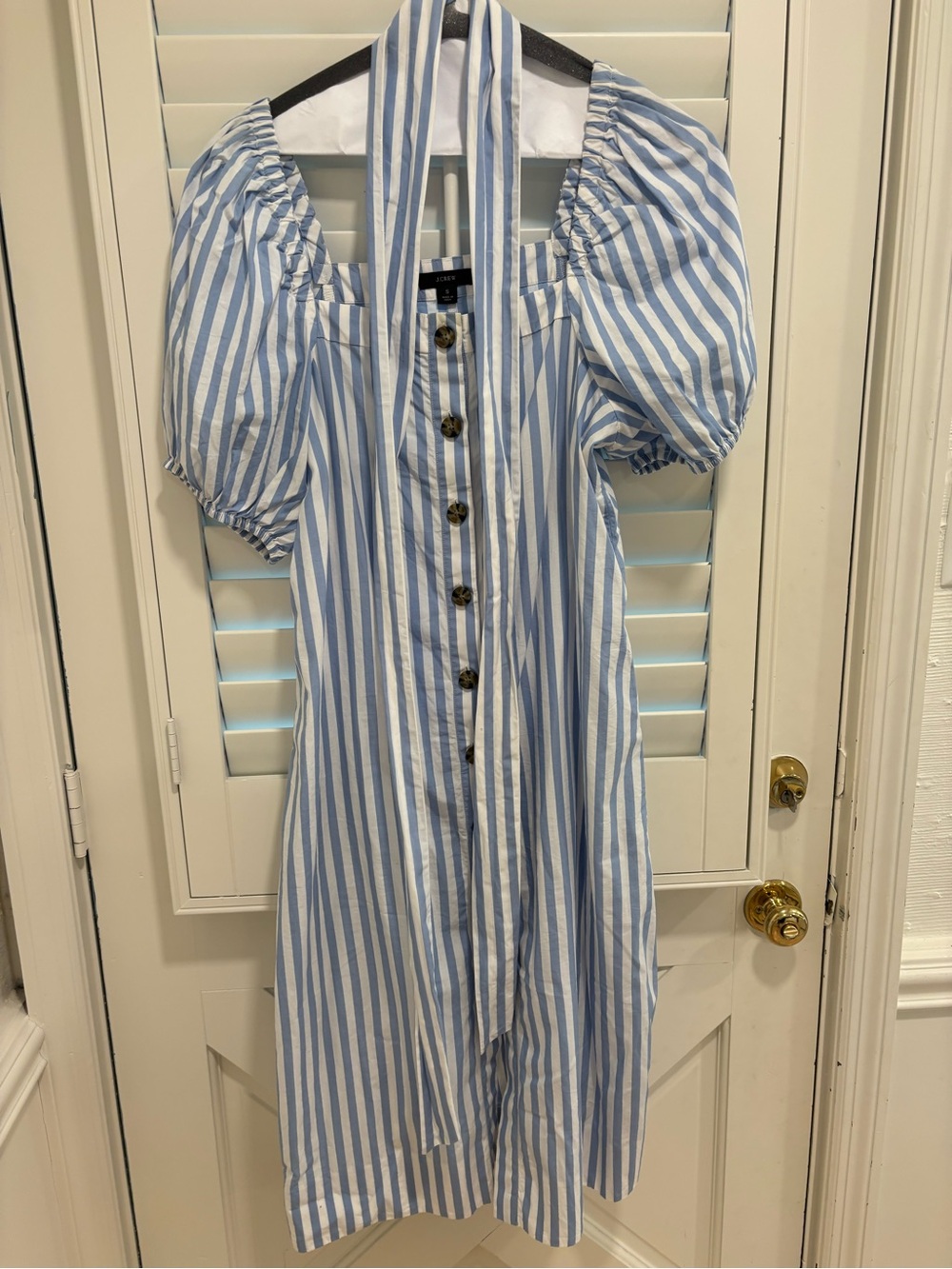 J.Crew Cabana Blue & White Stripe Puff Sleeve Button-Front Dress with belt